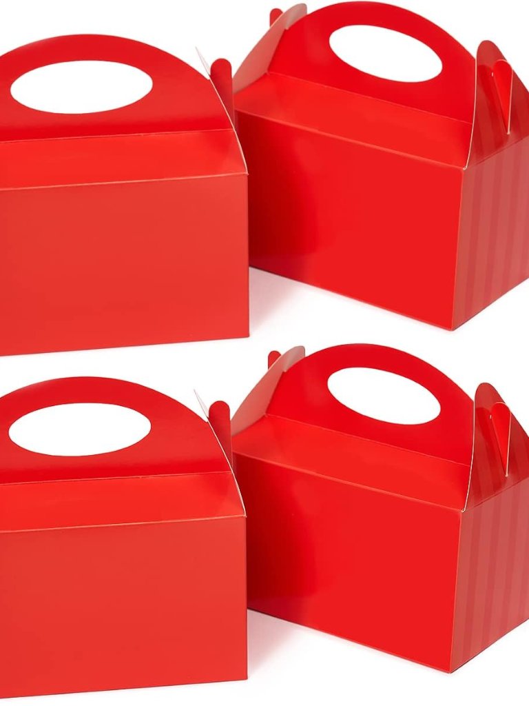 P6rd50 50 Count Red Party Favor Boxes, Treat Boxes With Handles 6" Gable Boxes C